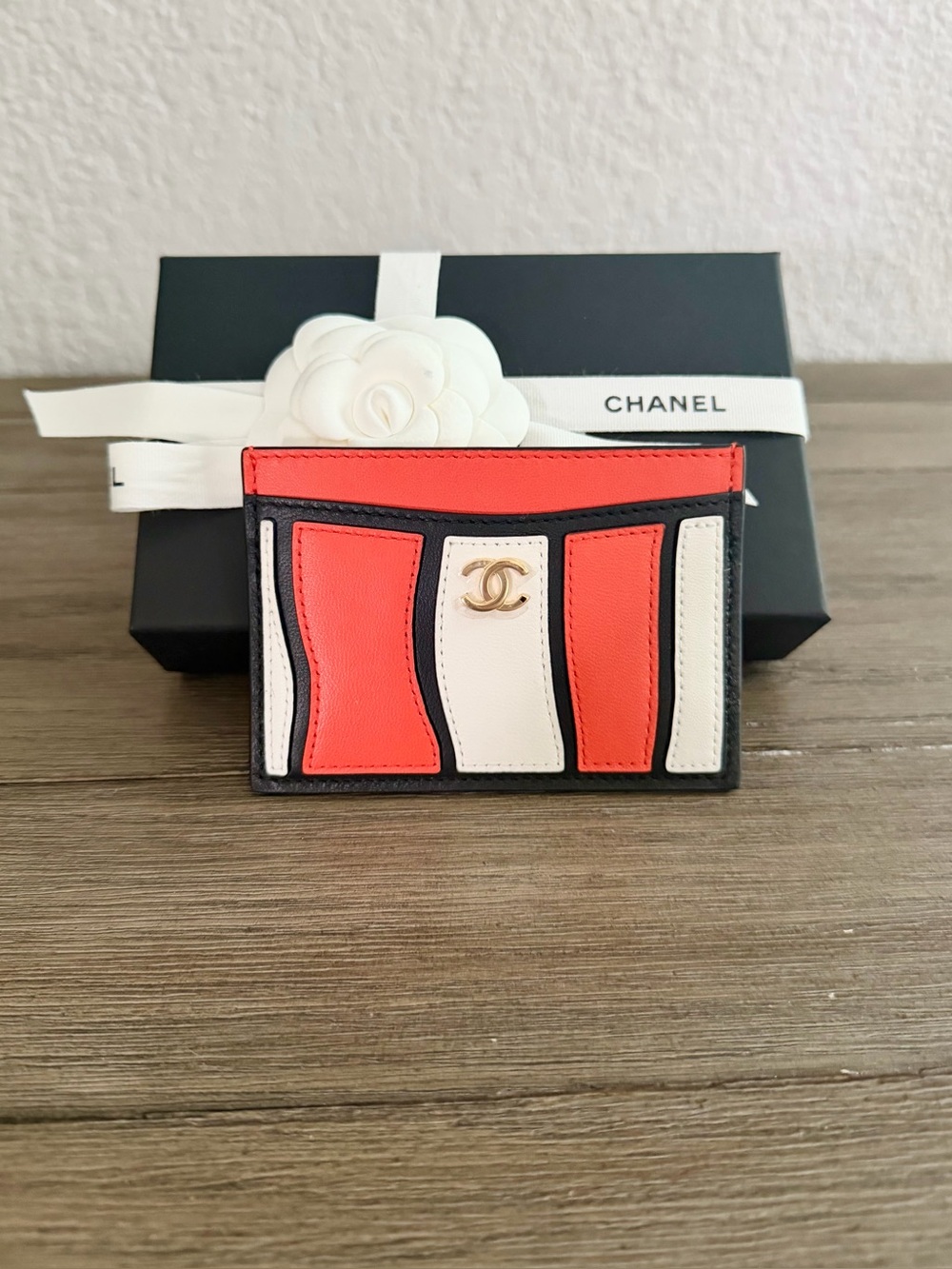 CHANEL Orange, White & Black Leather Card Case with Gold CC